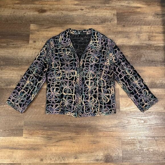 Casual Studio Black Floral Ribbon Swirl Embroidered Sheer Jacket L Art to Wear - Picture 1 of 10